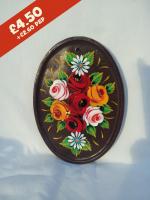 Oval Pottery Wall Plaque, brown background,  hand-painted with traditional canal rose design.